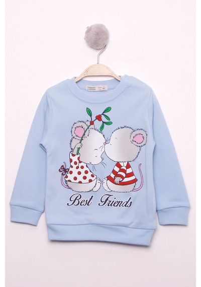 Toontoy Kız Çocuk Best Friend Baskılı Pamuklu Sweatshirt Koyu Mavi