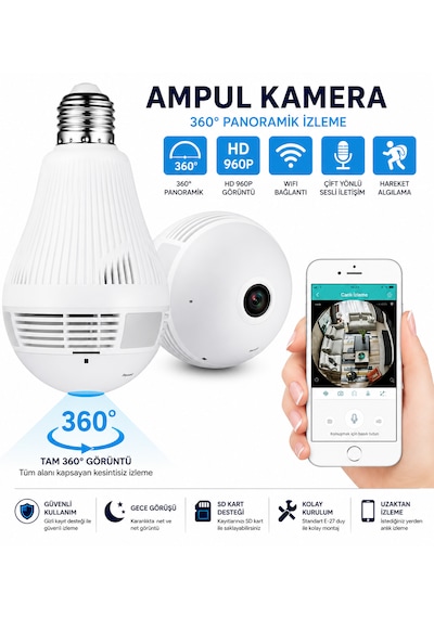 Wifi 360 Panoramik Ampul Kamera E27 Duy Uyumlu, Gece Görüşlü, Hareket Algılamalı, Çift Yönlü Ses, Micro Sd Kart Destekli Güvenlik Kamerası