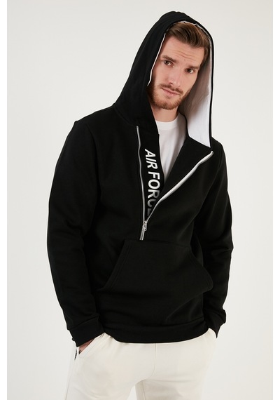Buratti Kanguru Cepli Fermuarlı Kapüşon Yaka Slim Fit Erkek Sweat 575707 Siyah-Siyah