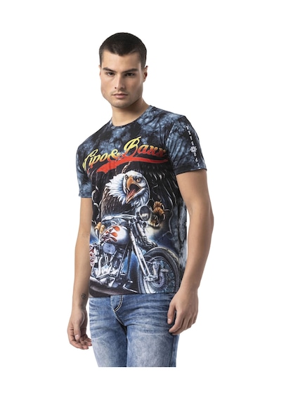 Cipo & Baxx Erkek Grafik Baskılı Tişört Vintage Motosiklet Temalı Bisiklet Yaka Casual Pamuklu Erkek Tişört Ct821 Mavi