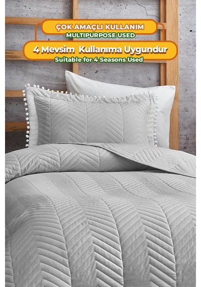 Evlen Home Ponponlu %100 Pamuk Tek Kişilik Günlük Yatak Örtüsü Pike Takımı Seti Gri