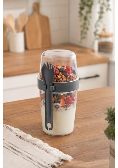 Porsima 5817 Yoğurt Kabı Kendinden Kaşıklı Pratik Taşınabilir Kaşıklı Atıştırmalık Kabı-antrasit 400ml+200ml