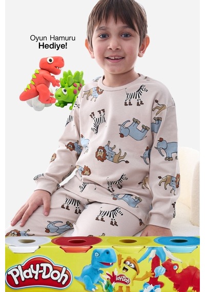 Zuzunga Animal Desenli İnterlok %100 Pamuk Çocuk Pijama Takımı 4'lü Oyun Hamuru Hediye Bej