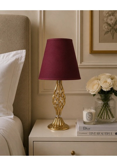 Bordo Kumaş Başlık Gold Burgu Ayaklı Modern Abajur 50x25 Cm
