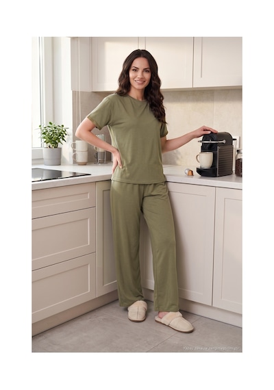 Lela Yumuşak Dokulu Bisiklet Yaka Lastikli Bel Kısa Kollu Pijama Takımı Bayan Pijama Takımı 65720102 Haki