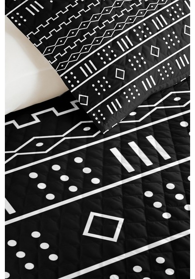 Siyah Geometrik Modern Genç Odası Tek Kişilik Pike Takımı - Etnik 160x220 Cm Kapitone Yatak Örtüsü Mistik Kahve Kıyımı