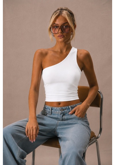 Tarz Cool Kadın Tek Omuz Crop Atlet Esnek Slim Fit Süprem Kumaş Asimetrik Yaka Bluz Beyaz