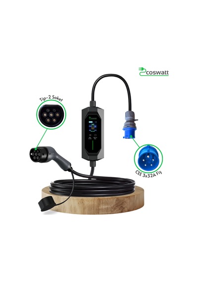 Coswatt Taşınabilir EV Şarj Cihazı CS-P1-32A / 7.4kW / 10m / Türkçe / 220V AC / Tip-2 / 3x32A CEE / Ev Tipi Dönüştürücü / Çanta Coswatt Taşınabilir EV Şarj Cihazı CS-P1-32A / 7.4kW / 10m / Türkçe / 220V AC / Tip-2 / 3x32A CEE / Ev Tipi Dönüştürücü / Çanta