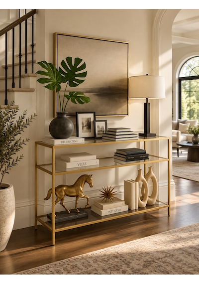 Teknor Gold Metal Üç Katlı Şeffaf Cam 100cm Dresuar Modern Salon Ve Antre Konsolu