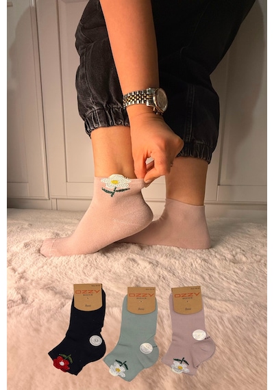 Ozzy Socks 3 Çift Kadın Taş Detaylı Dikişsiz & Takviyeli Patik Çorap Bej