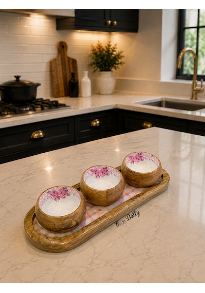 Rosadora 3 Kaseli Ahşap Oval Sunum Tepsisi Meze Sos Ve Kahvaltılık Servis Seti Pembe