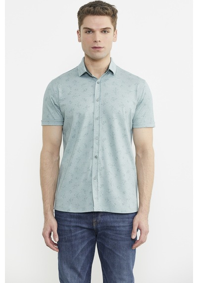 Slim Fit Baskılı Penye Gömlek - Yeşil Yeşil
