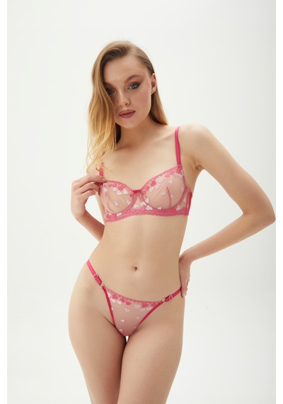 Arinda Dark Love Kırmızı Siyah Brode Çiçek Desenli Balenli Kapsız Sütyen Tanga Alt Üst İç Çamaşırı Takımı Fuşya - Pembe - Ten