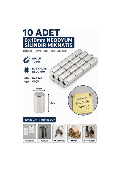 10 Adet 6x10 Mm Silindir Neodyum Mıknatıs N35 Güçlü Magnet Çap 6mm X Kalınlık 10mm Yuvarlak Mıknatıs