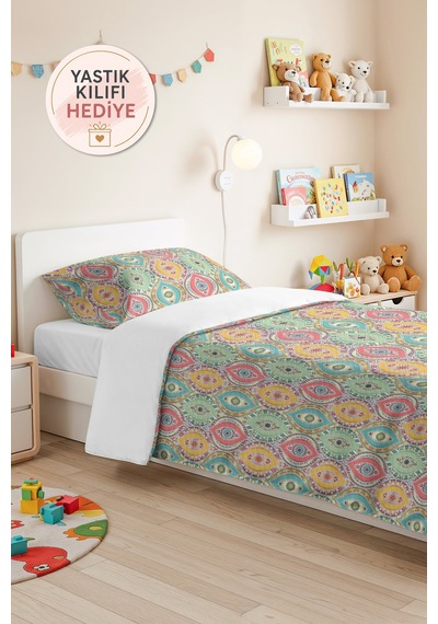 Bohem Etnik Mint Genç Odası Tek Kişilik Pike Takımı - Geometrik Sarı 160x220 Cm Yatak Örtüsü Bulanık Sis Pususu