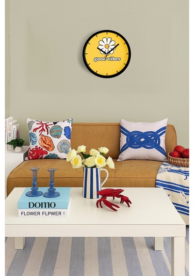 Modern Yazılı Papatya Tasarım - '' Good Vibes '' Duvar Saati - 30cm - Önü Camlı Siyah Kasa-jh0814 Siyah