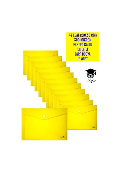 A4 Ebat 20x30 Cm 300 Mikron Ekstra Kalın Plastik Çıtçıtlı Zarf Dosya 12 Adet Sarı