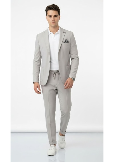 Pike Kumaş Jogger Pantolonlu Erkek Takım Elbise Torba Cepli Tek Düğme Slim Fit Kombin Gri