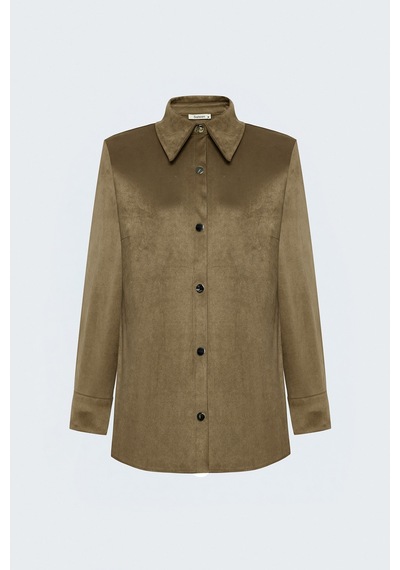 Sateen Çıtçıt Detaylı Süet Gömlek - Camel-138125