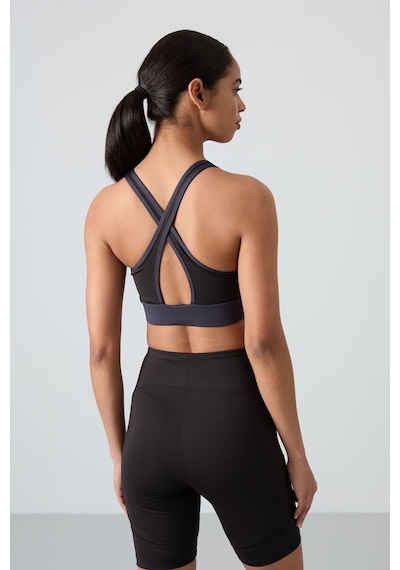 Tommy Life Antrasit Çapraz Sırt Detaylı Slim Fit U Yaka Pedli Kadın Spor Büstiyer - 97121 Antrasit