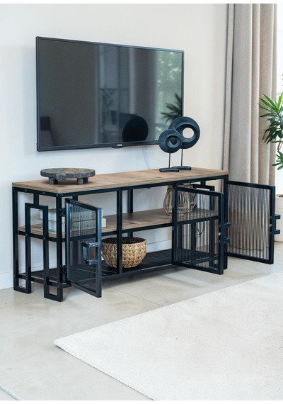 Dekoratif Metal Gövdeli Ahşap Raflı Tv Ünitesi 3 Raflı 3 Kapaklı Tv Sehpası 120 X 30 Cm Televizyon Ünitesi Siyah Dekoratif Metal Gövdeli Ahşap Raflı Tv Ünitesi 3 Raflı 3 Kapaklı Tv Sehpası 120 X 30 Cm Televizyon Ünitesi Siyah