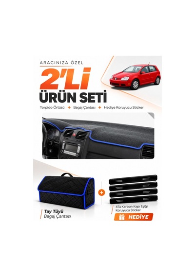 Volkswagen Golf 5 2003-2009 Uyumlu Torpido Örtüsü + Tay Tüyü Bagaj Çantası + Sticker - Siyah Mavi