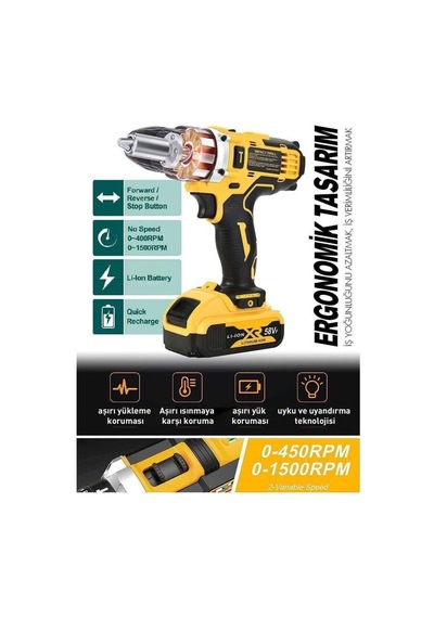 Prohummer Ph015 58vf Çift Akülü Şarjlı Matkap Seti Sarı