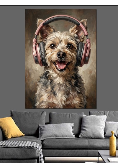 Kulaklıklı Müzik Dinleyen Şirin Köpek Dekoratif Kanvas - Mdf Ahşap Tablo