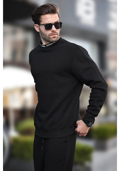 Madmext Siyah Bisiklet Yaka Şardonlu Erkek Sweatshirt 7047-siyah Siyah