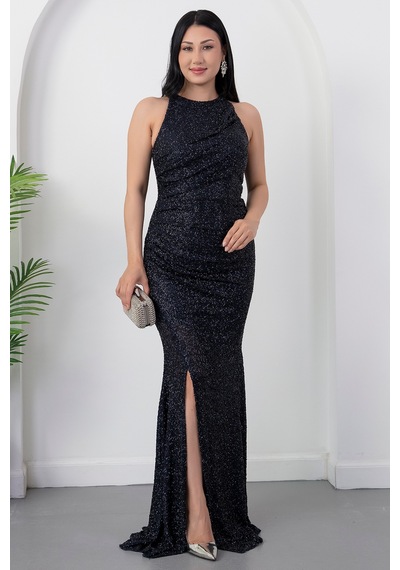Kalopya Halter Yaka Yırtmaçlı Boncuklu Elbise 41099 Lacivert