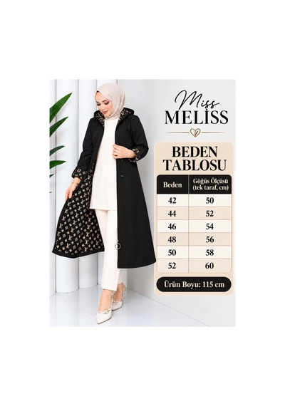 Miss Meliss Desenli Bondit Kumaş Testtür Trençkot Siyah Siyah