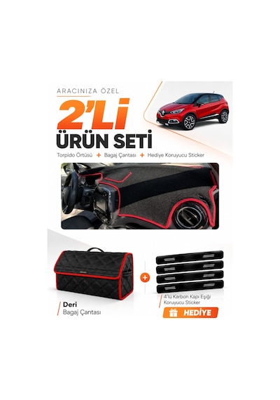 E-biz Renault Captur 1 2013-2019 Uyumlu Torpido Örtüsü + Deri Çanta - Siyah-kırmızı - Re035