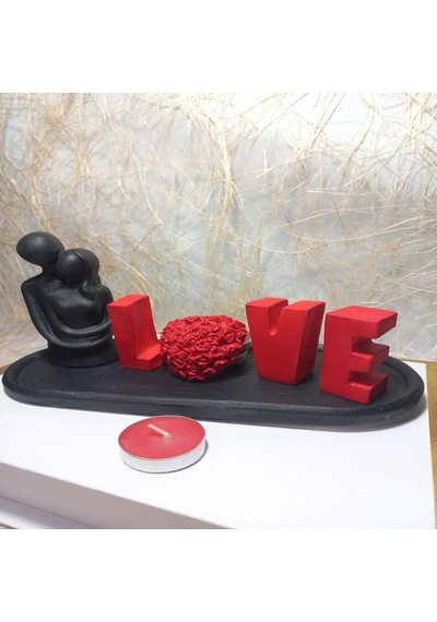 Love Yazılı Kalp Figürlü Sarılan Sevgili Biblo Set Siyah-kırmızı Siyah