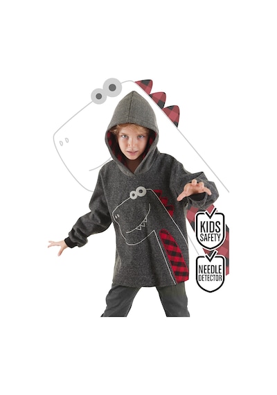 Erkek Çocuk Kışlık Dinozor ve Ekose Desenli Gri Kapüşonlu Uzun Kollu Sweatshirt 2-7 Yaş