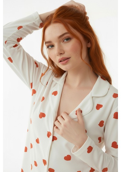 Süet Gömlek Pijama Takımı 7101 Kalpli Kırmızı Beyaz