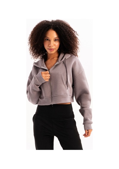 Justever Crop Kapüşonlu Fermuarlı Kanguru Cepli Şardonlu Hoodie Gri Kadın Sweatshirt - Lumen Gri
