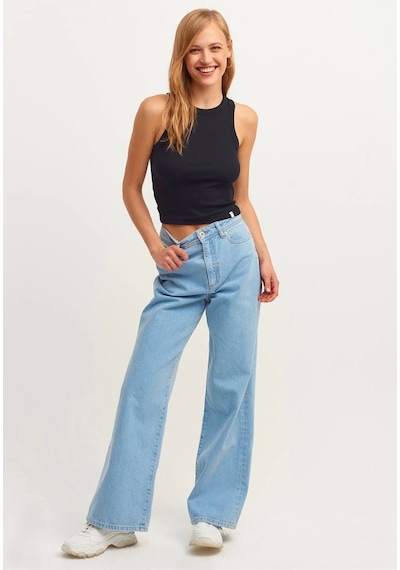 Refox Kadın Siyah Fitilli T-shirt Halter Yaka Örme Atlet
