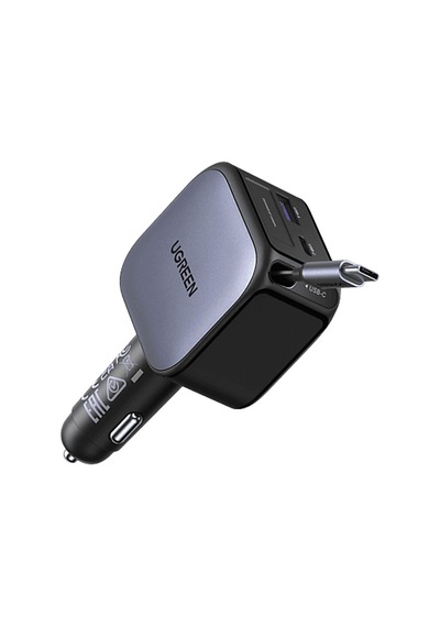 Ugreen 90w 2x Usb-c, 1x Usb-a Port Usb-c Makaralı Dahili Kablolu Hızlı Araç Çakmaklık Şarj Cihazı