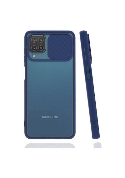Noktaks Samsung Galaxy Uyumlu A12 Kılıf Slayt Sürgülü Arkası Buzlu Lensi Kapak Lacivert T18094