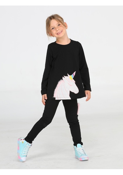 Casabony Unicorn 3 Boyutlu Siyah Kız Tunik + Tayt Takım-siyah Siyah