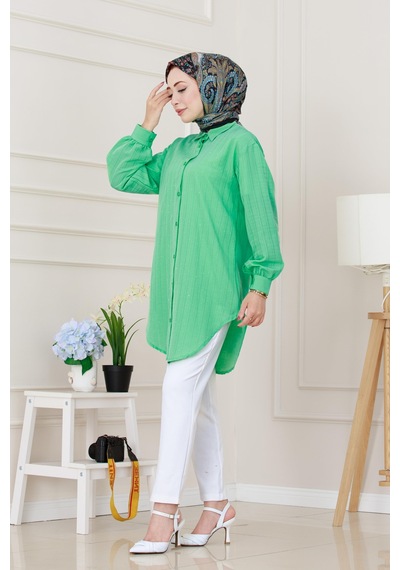 Sevitli Göğüsü Taş Detaylı Oversize Tunik-su Yeşili-5231 Su Yeşili