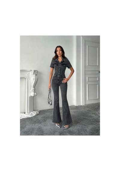 Bluemarlin Kısa Kol Kar Siyah İspanyol Paça Likralı Denim Tulum Kar Siyah
