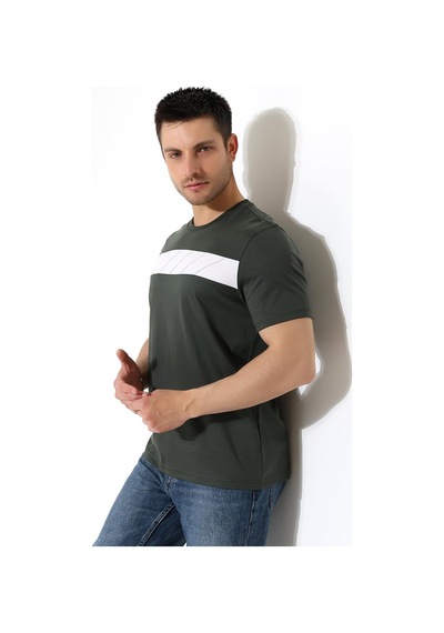Erkek İki Renk Parçalı Bisiklet Yaka T-shirt - Pamuklu Tişört Haki
