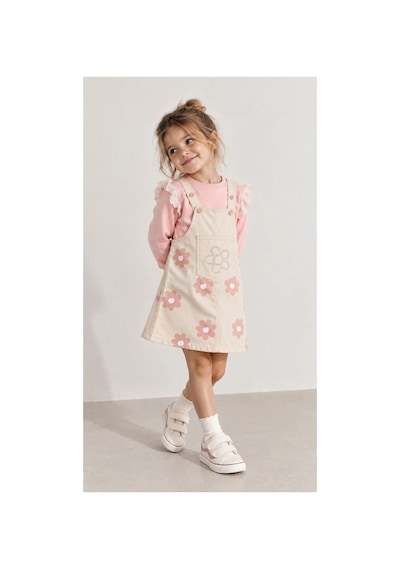 Nota Kids Kız Çocuk Çiçek Desenli Jile Elbise Takım Dantel Kollu Pudra Sweatshirt Ve Askılı Elbise Krem