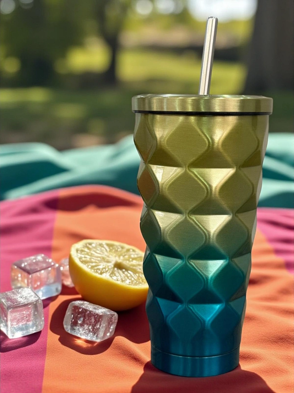Mango Renkli Geometrik Pipetli Termos 500 Ml-soğuk Ve Sıcak İçecekler İçin Mavi - Sarı