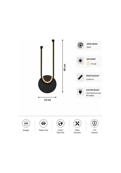 Liva Modern Led Duvar Apliği Günışığı Siyah