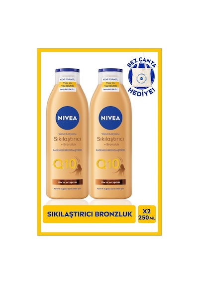 Nıvea Q10 Sıkılaştırıcı Ve Bronzlaştırıcı Vücut Losyonu 250ml, Kademeli Bronzluk, X2 Adet, Çanta Hediyeli