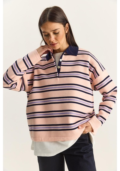 Shade Polo Yaka Çizgili Basic Triko Kazak 20258061 - Pembe