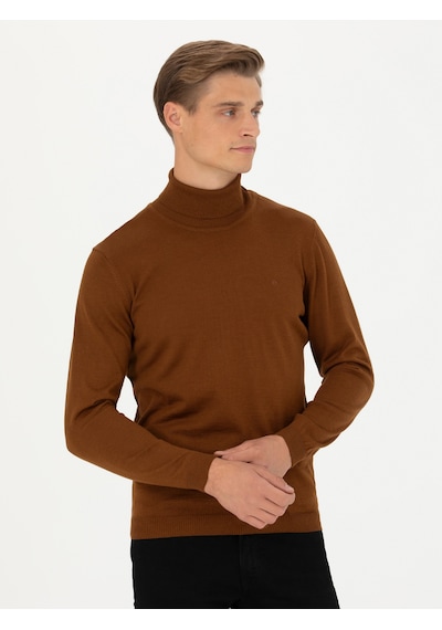Cacharel Kahverengi Slim Fit Balıkçı Yaka Basic Triko Kazak