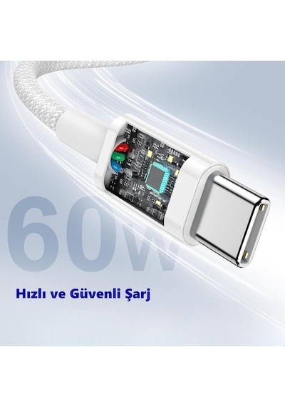 Type C-c, 2metre Örgülü Ve Güçlendirilmiş Boyun 60watt Hızlı Şarj Kablosu 1ad X 2metre Beyaz